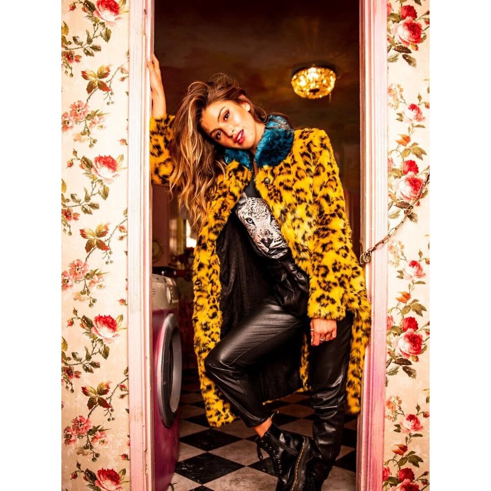 NWT SpiritHoods Unisex Yellow Cheetah Calf Length Faux Fur Coat S $249